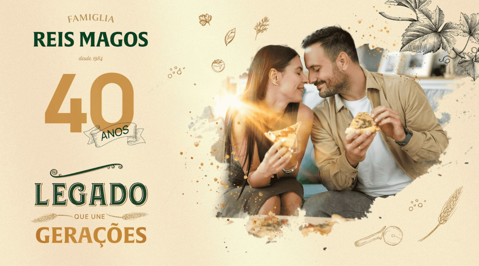 Peça Legado que une gerações com um casal dividindo uma pizza