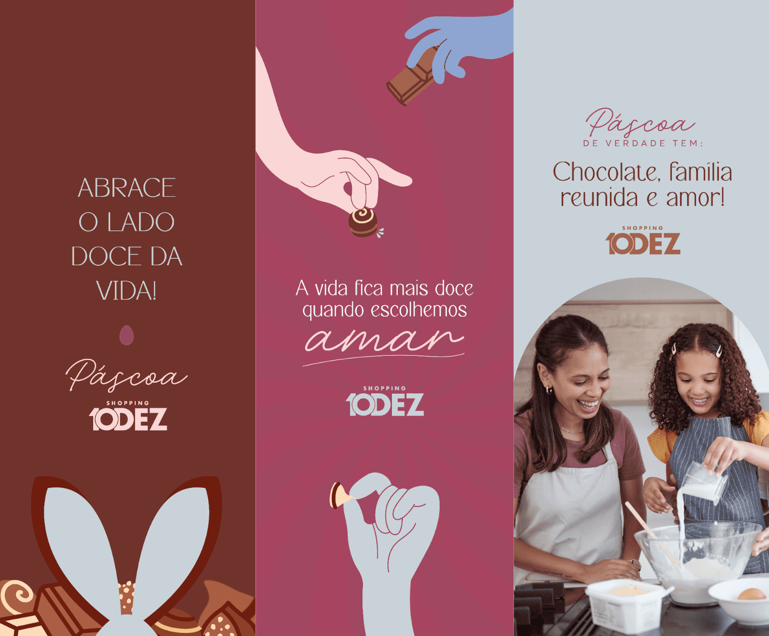 Peças da campanha com mensagens de Páscoa e uma mãe e uma filha cozinhando