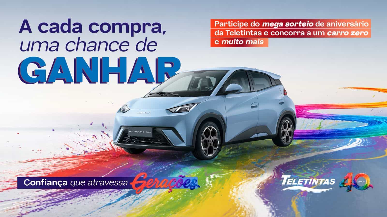 Peça do sorteio de aniversário com o carro elétrico e a frase A cada compra, uma chance de ganhar